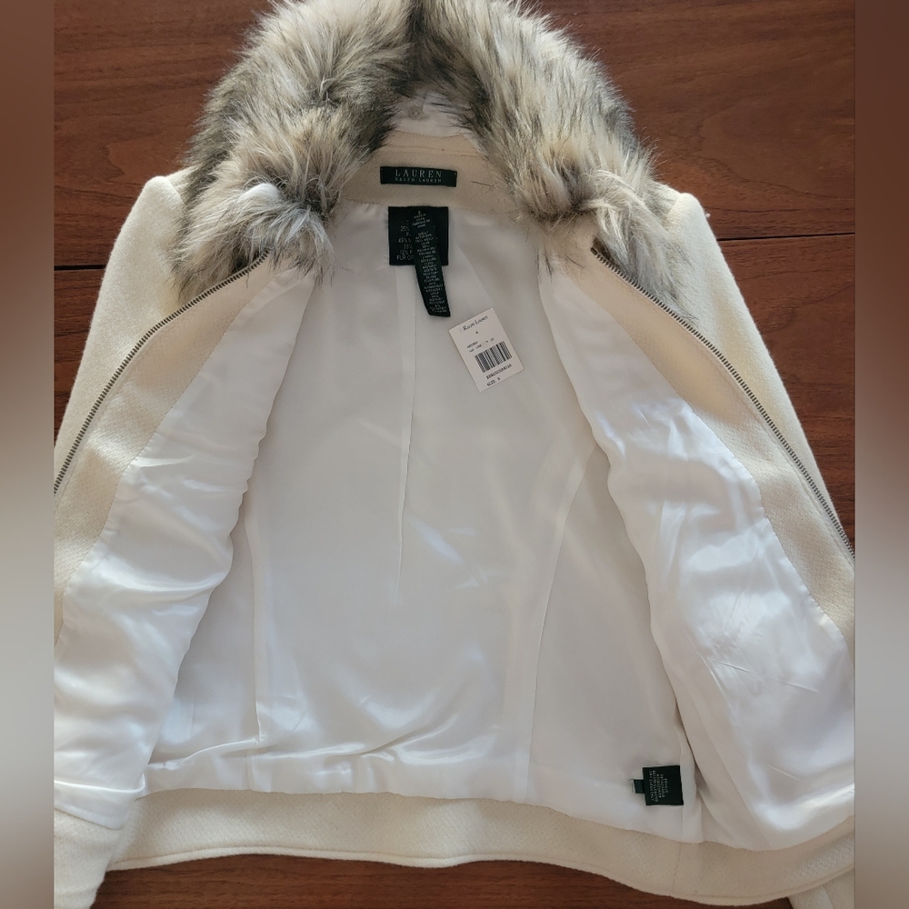 NWT Lauren Ralph Lauren Cream Wool Jacket Removable Faux Fur Collar Small Zip - Picture 8 of 16